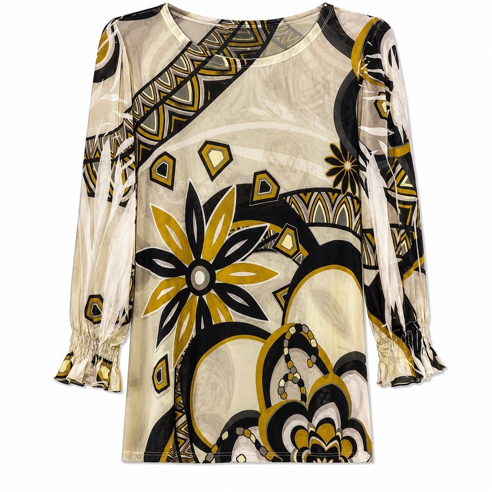 Origami Semi Sheer Abstract Print Tunic Top Small Boho Blouse